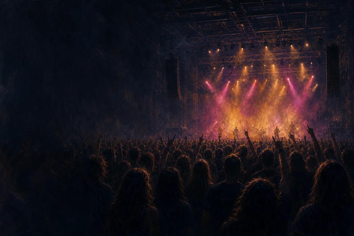 Illustration of a crowd facing a lit concert stage